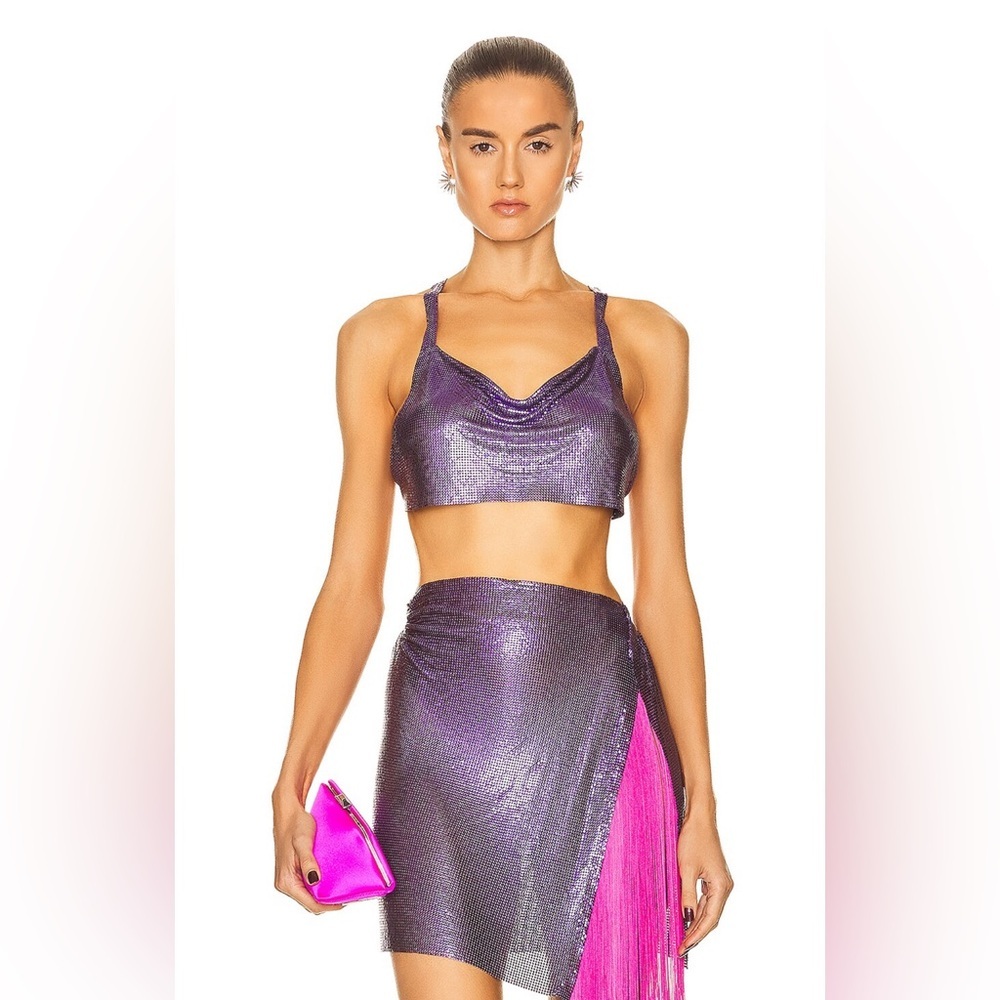FANNIE SCHIAVONI Hailey Mesh Metallic Festival Draped Crop Top in Purple Size S